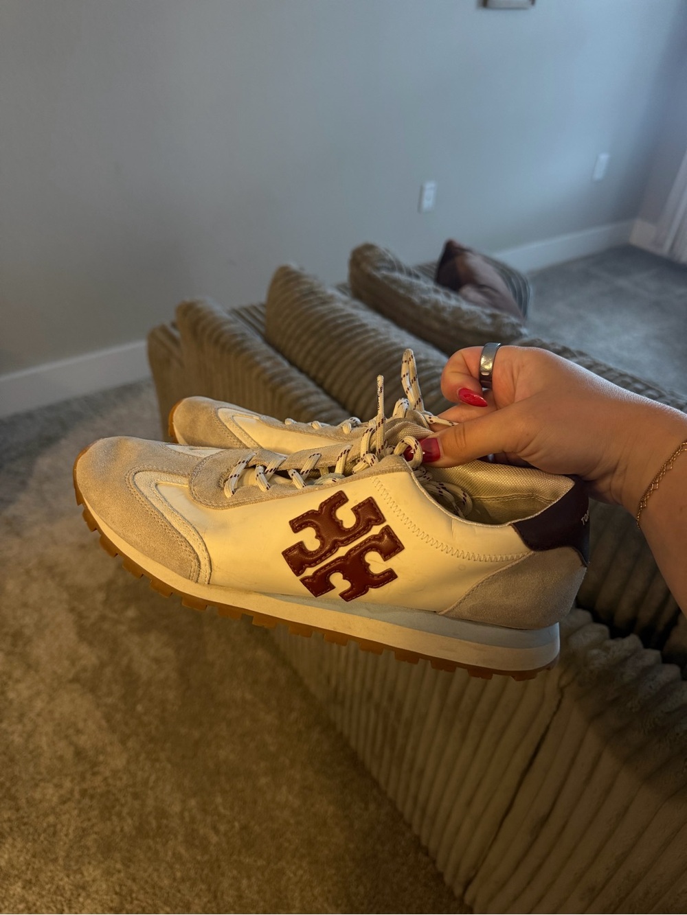 Tory Burch Men's Cream Sneaker with Brown Logo & Tan Sole